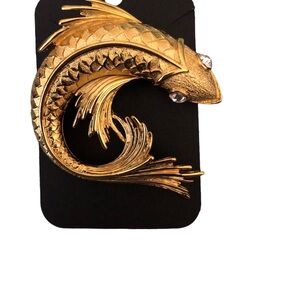 Vintage Monet Brooch. Goldstone Koi Fish with Crystal Eyes.